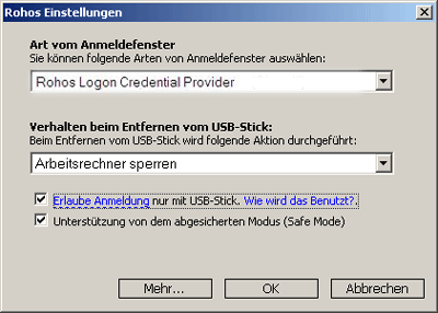 Rohos Credential Provider. Der Zugang nur mit dem USB Schl&uuml;ssel einstellen