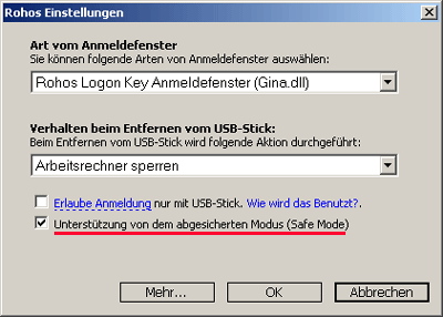 Rohos Credential Provider. Der Zugang nur mit dem USB Schlüssel einstellen